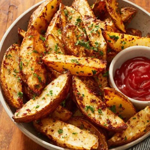 Air Fryer Potato Wedges: Crispy and Deliciously Easy! 1 Crispy air fryer potato wedges served with ketchup.