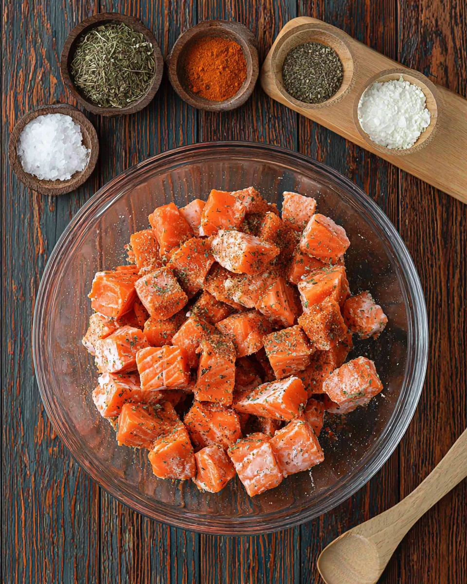 Crispy Air Fryer Salmon Bites Preparation Easy air fryer salmon bites mixed with seasonings.