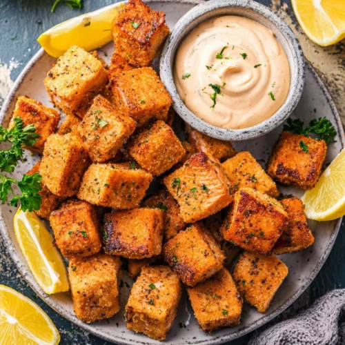 Air Fryer Salmon Bites: Quick and Delicious Treat 1 Crispy air fryer salmon bites with creamy Cajun sauce