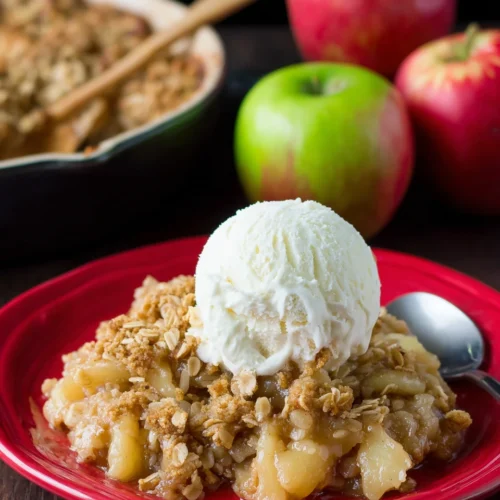 Indulgent apple crisp served with ice cream.