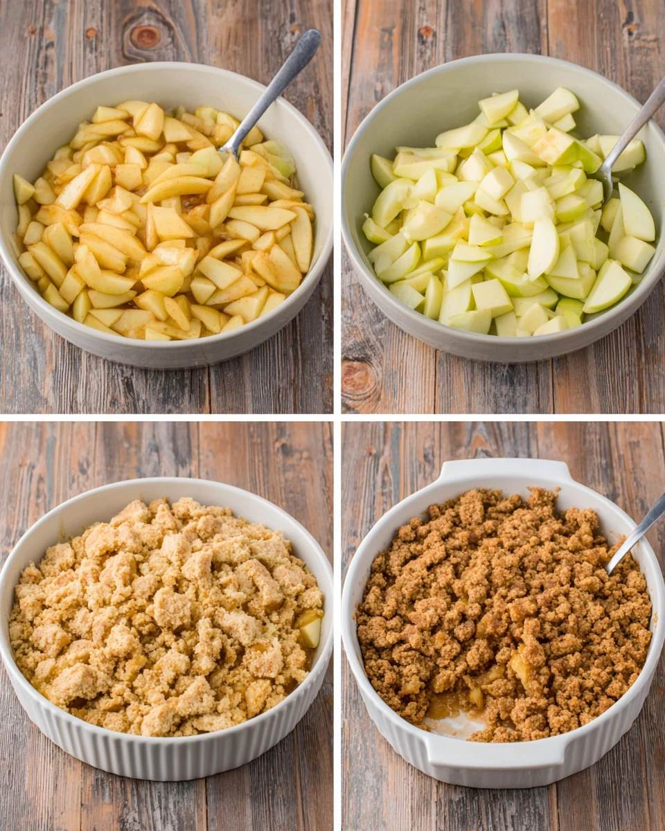 Delicious apple crisp preparation with sliced apples and crumb topping.