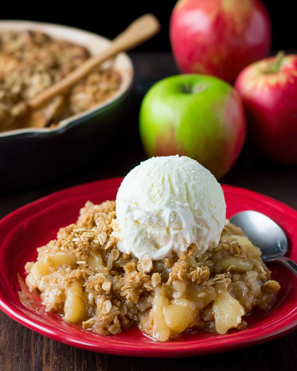 Indulgent apple crisp served with ice cream.