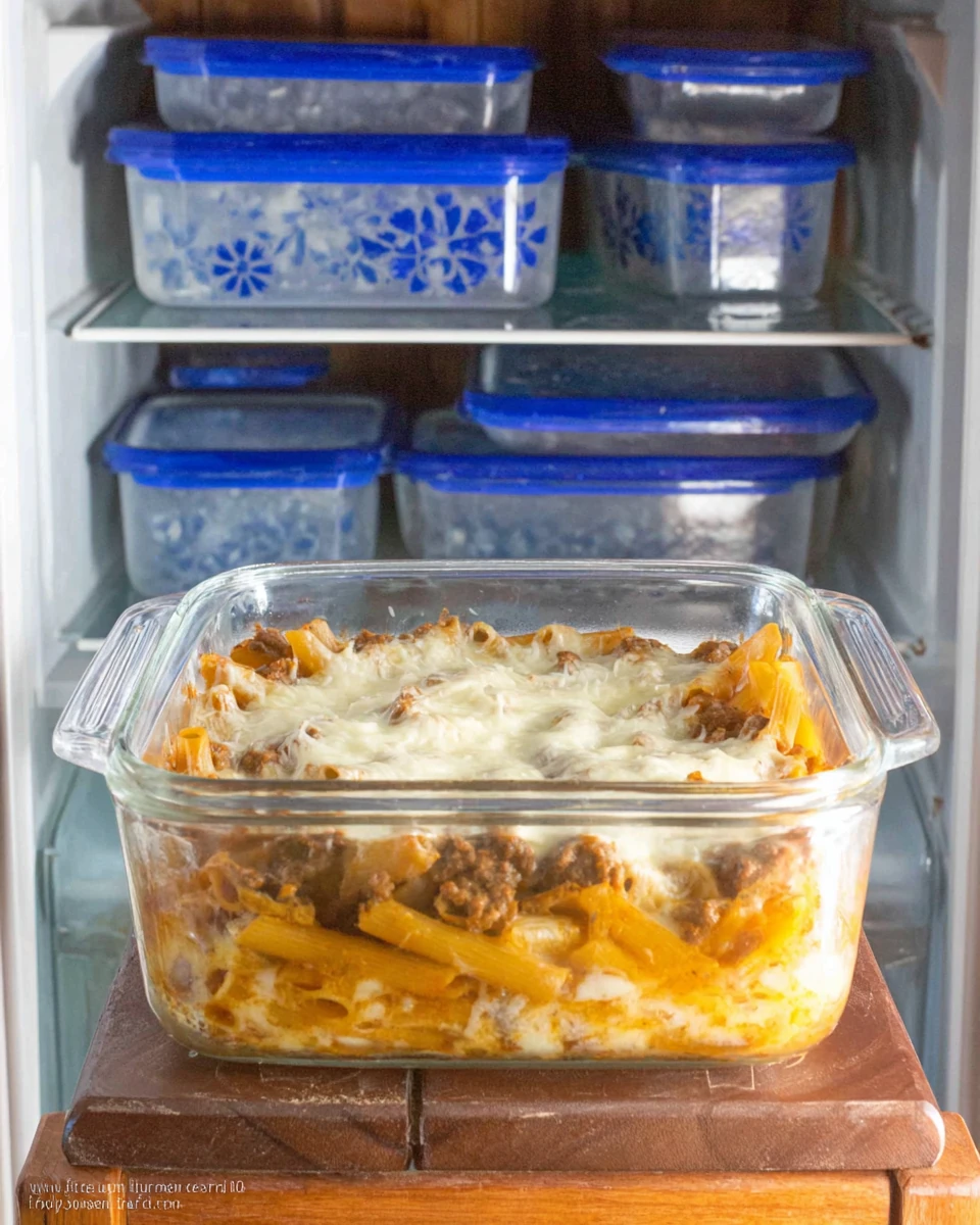Creamy baked ziti ready for dinner.