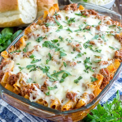 Delicious baked ziti dish, creamy and cheesy perfection.