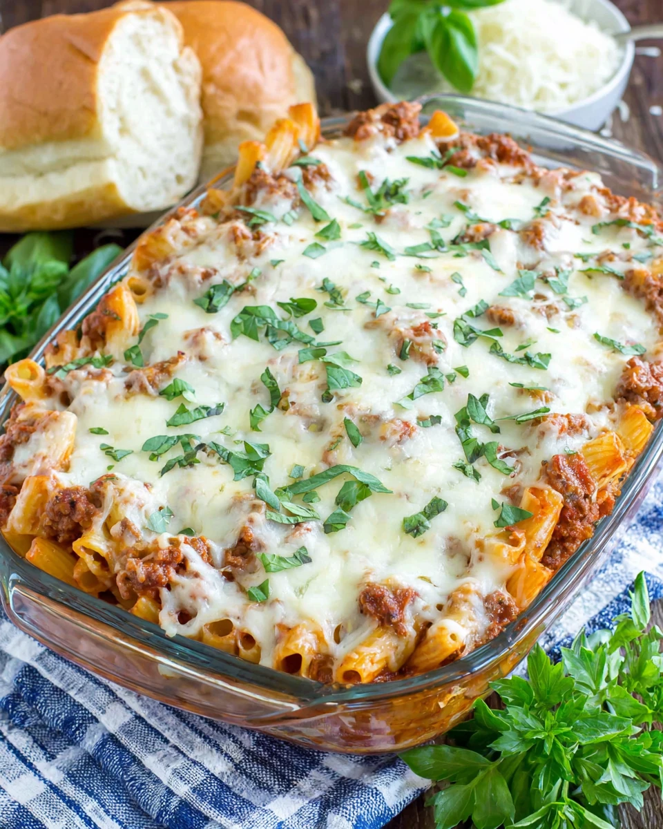 Delicious baked ziti dish, creamy and cheesy perfection.