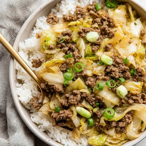 Quick and savory beef stir fry with rice and cabbage