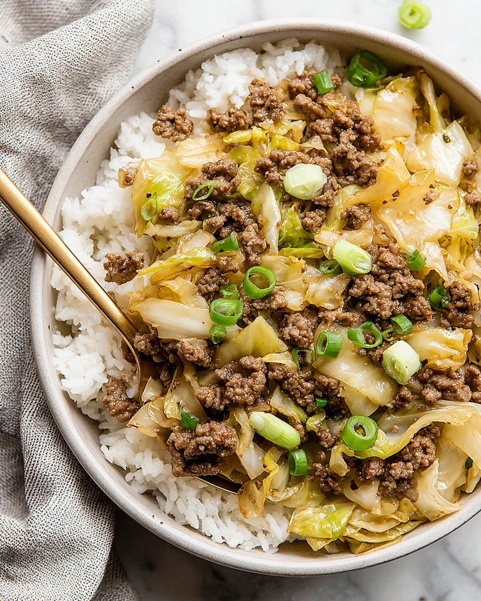 Quick and savory beef stir fry with rice and cabbage