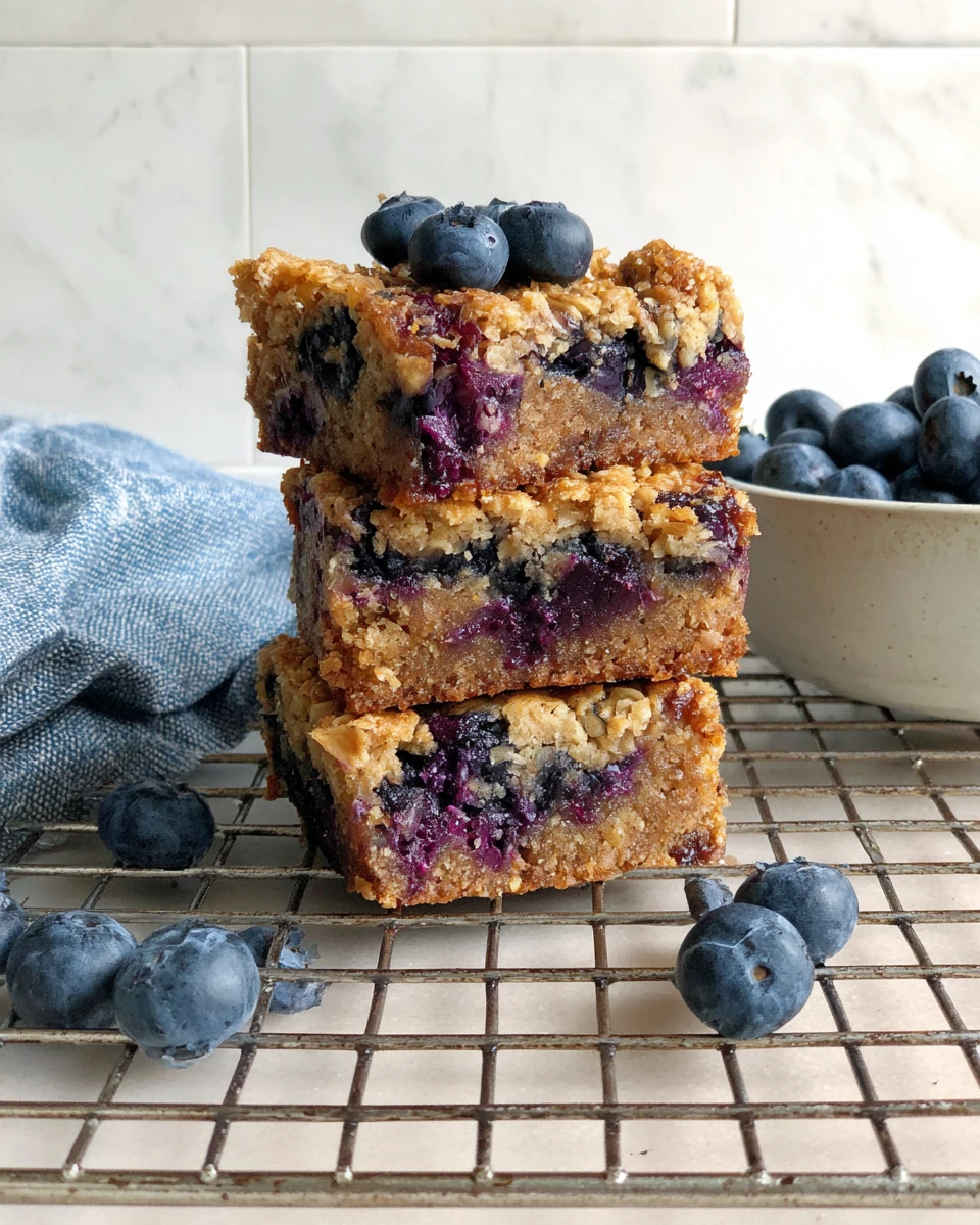 Blueberry baked oatmeal bars stacked with blueberries.