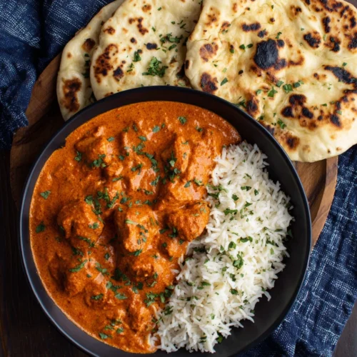 Butter Chicken: An Indulgent Weeknight Delight 1 Creamy butter chicken dish served with rice.