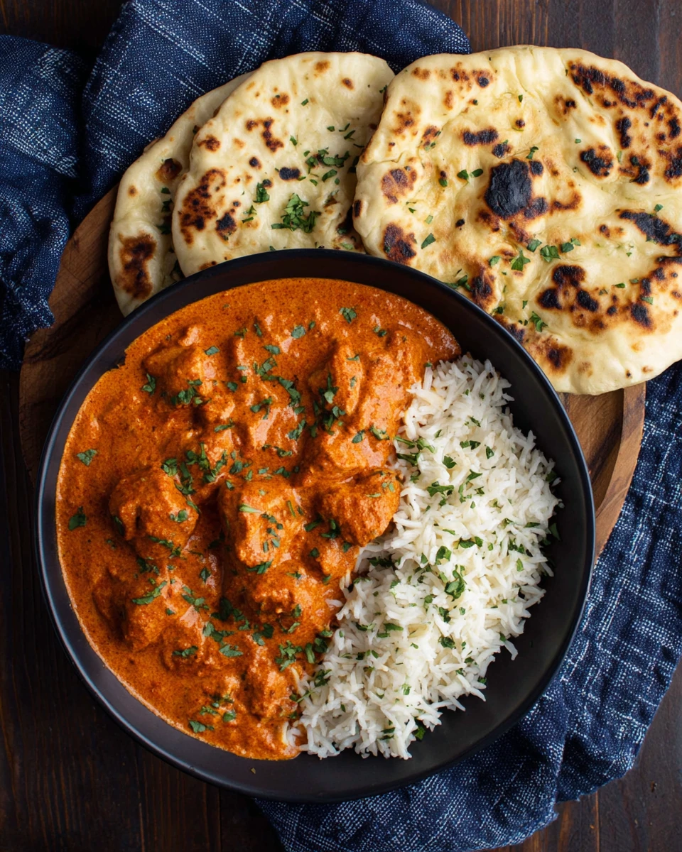 Delicious Butter Chicken with Naan Creamy butter chicken dish served with rice.
