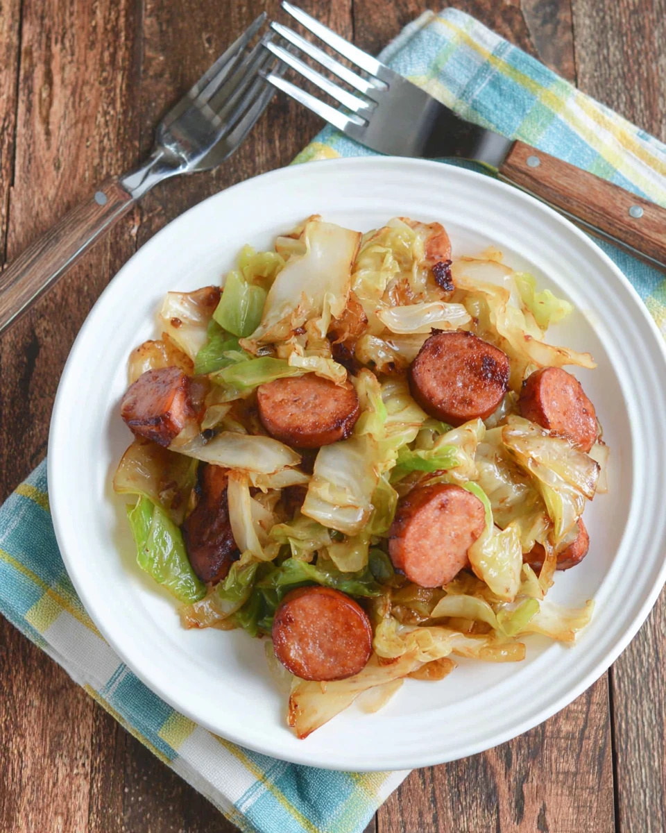 Cabbage sausage skillet with kielbasa, a savory weeknight dinner.