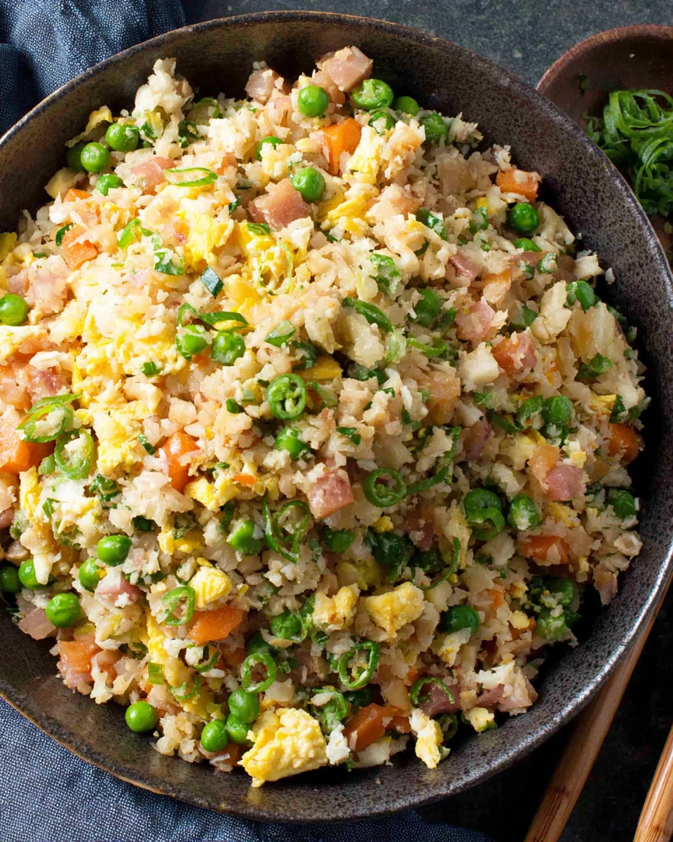 Healthy cauliflower fried rice recipe with mixed vegetables.