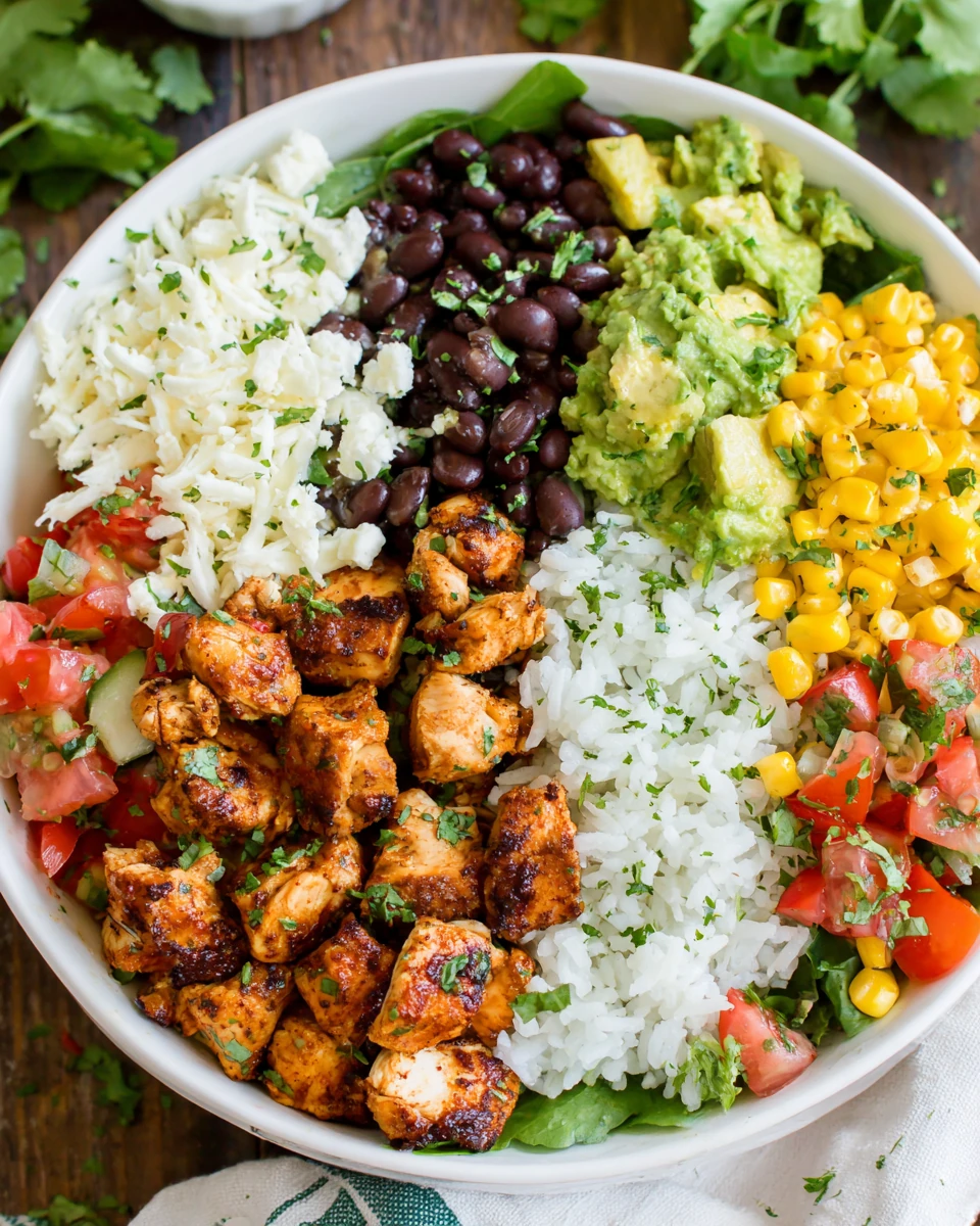 Chicken burrito bowl with chicken, beans, corn, and avocado.
