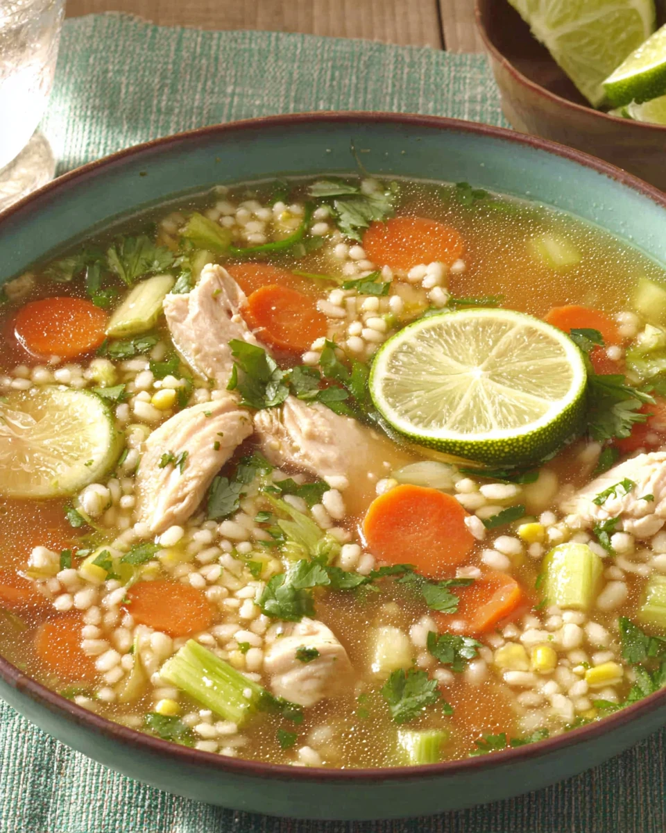 Delicious chicken rice soup with fresh vegetables.