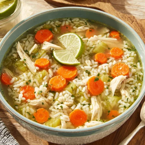 Delicious chicken rice soup with fresh vegetables and lime.