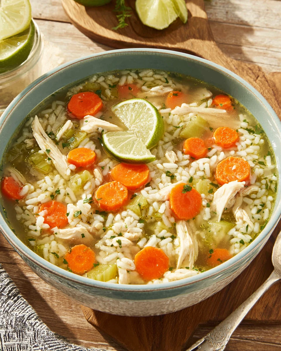 Delicious chicken rice soup with fresh vegetables and lime.