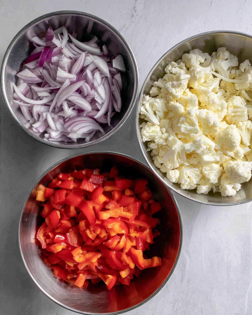 Chopped vegetables for chicken shawarma: onion, peppers, cauliflower.