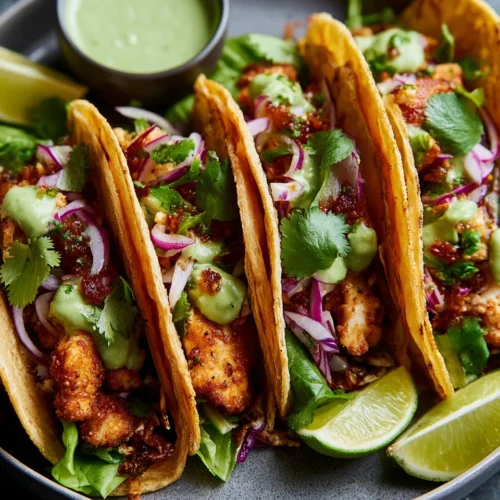 Delicious chicken tacos with creamy green sauce, perfect for family meals.