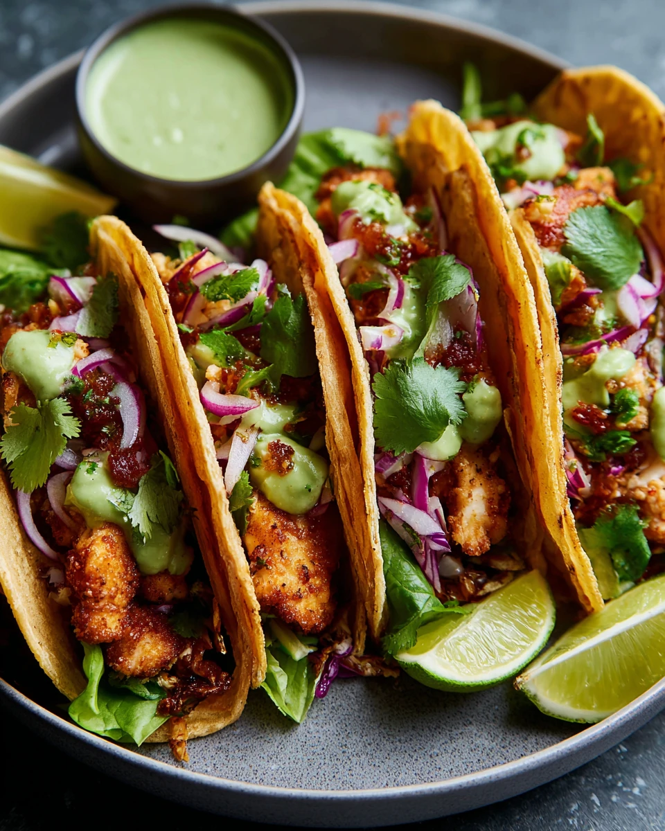 Delicious chicken tacos with creamy green sauce, perfect for family meals.