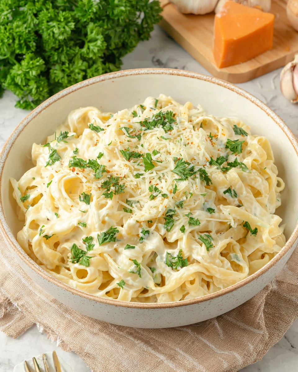 Delicious cottage cheese alfredo pasta dish garnished with parsley.