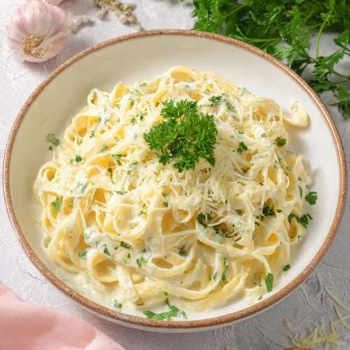 Cottage cheese alfredo pasta dish with herbs and cheese.