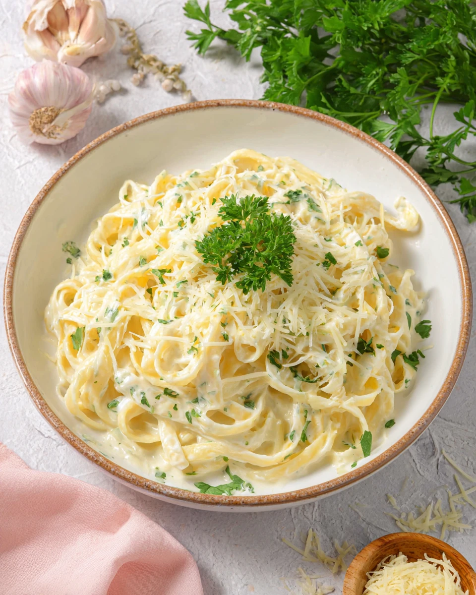 Cottage cheese alfredo pasta dish with herbs and cheese.