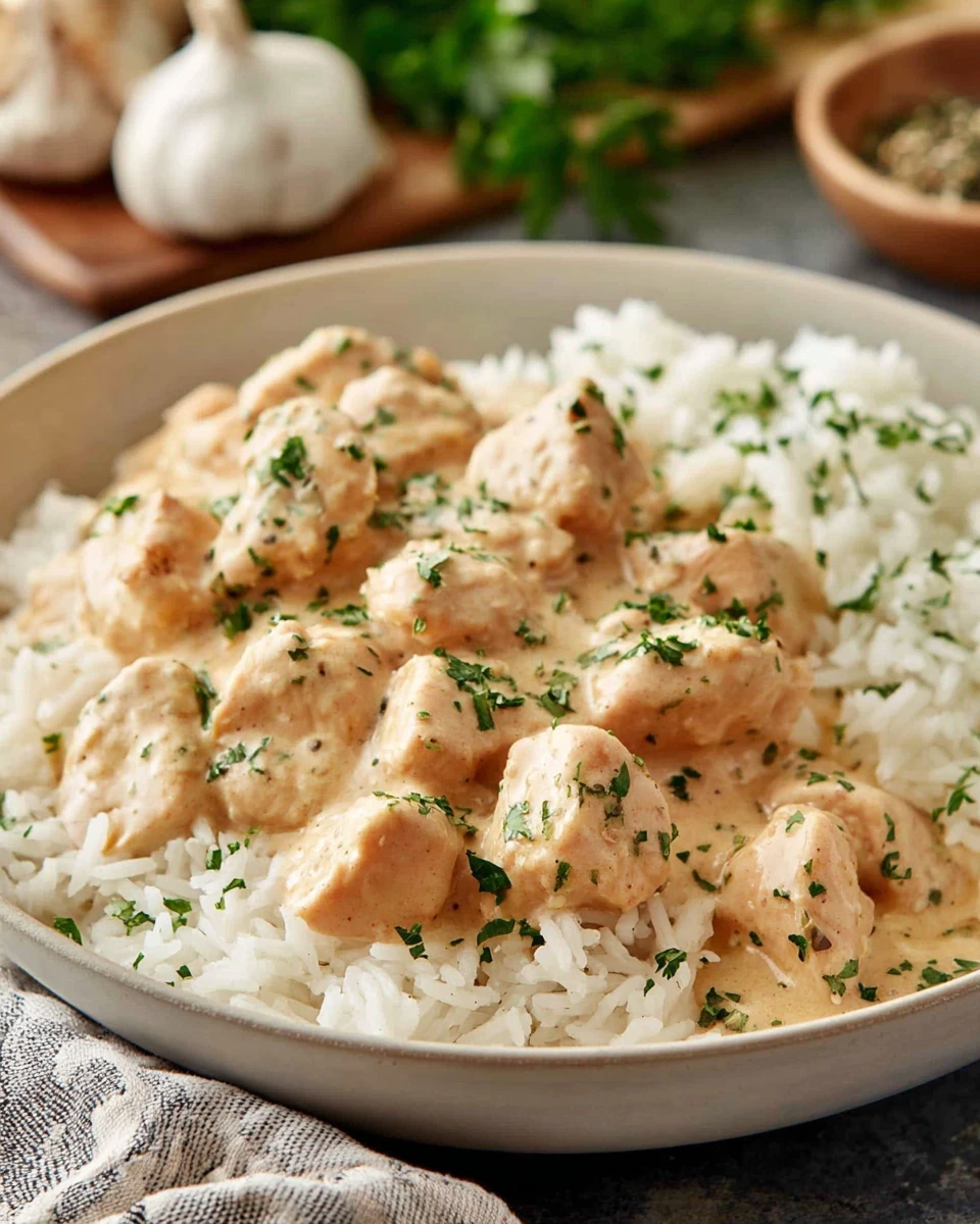 Delicious creamy garlic chicken served on rice