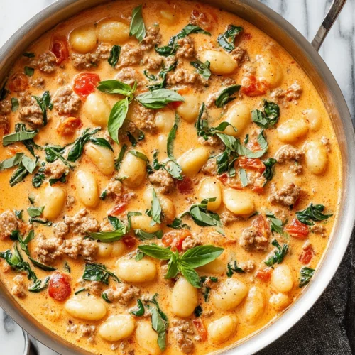 Creamy gnocchi with sausage and basil in a skillet.