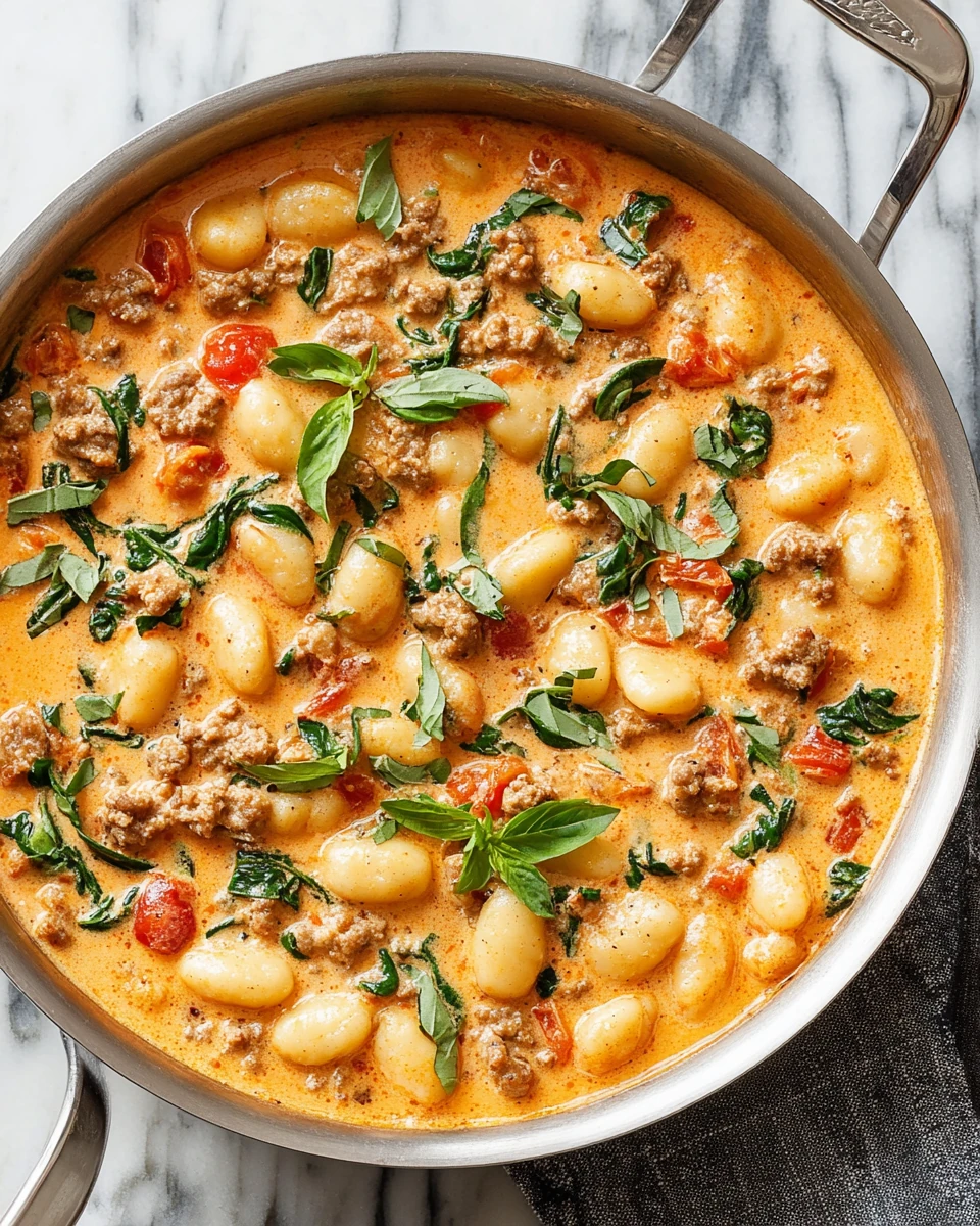 Creamy gnocchi with sausage and basil in a skillet.