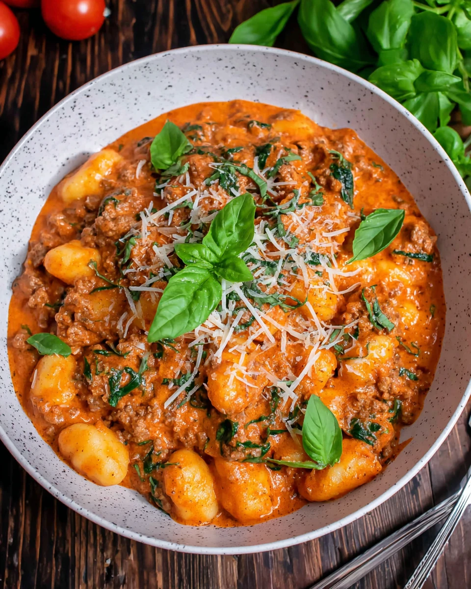 Creamy sausage gnocchi topped with basil and parmesan.