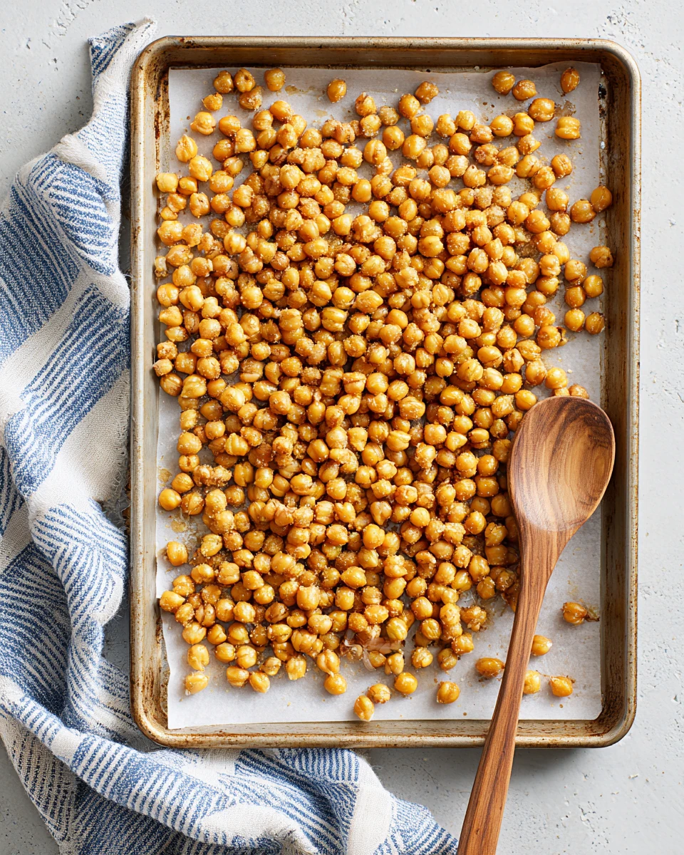 Crispy roasted chickpeas on a baking sheet for snacking