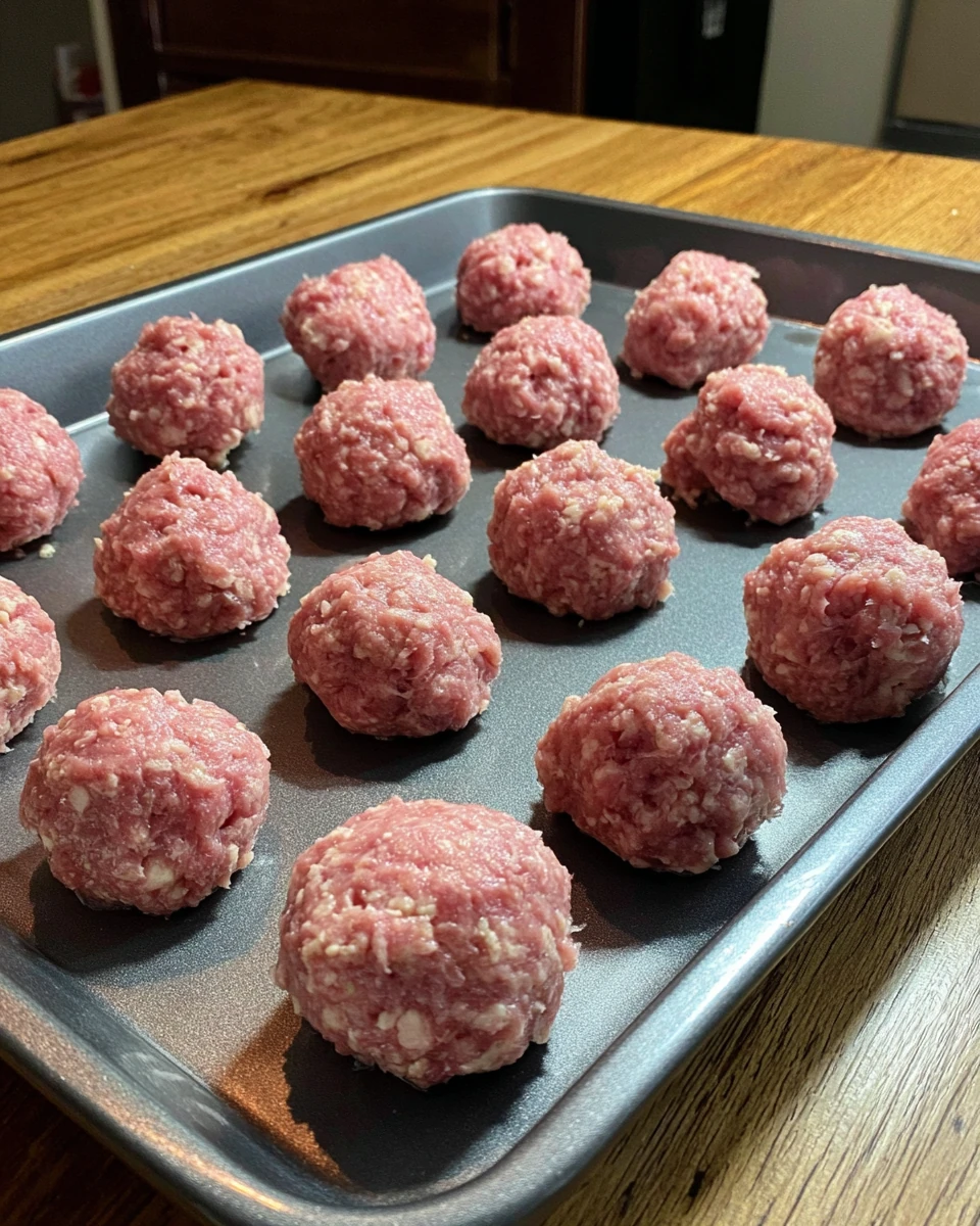 Homemade freezer meatballs arranged on a tray.