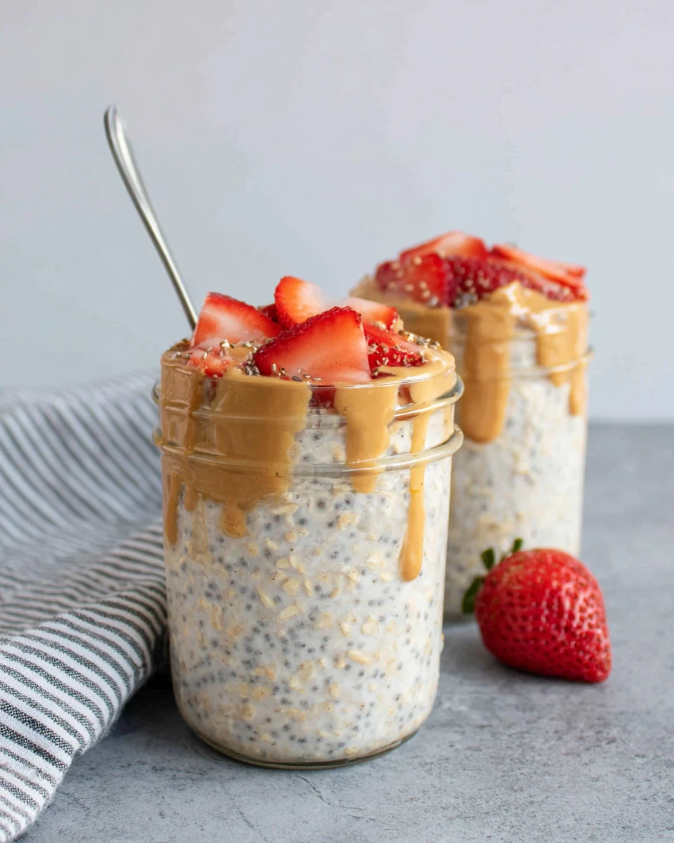 Creamy high-protein oats topped with strawberries and peanut butter.
