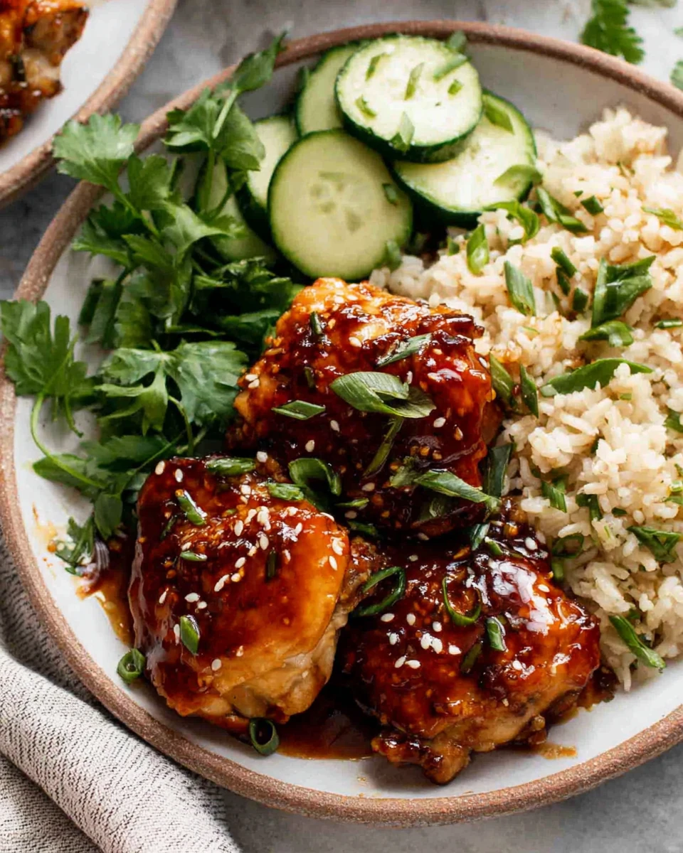 Delicious Honey Garlic Chicken Dinner Honey garlic chicken with rice and veggies on a plate.