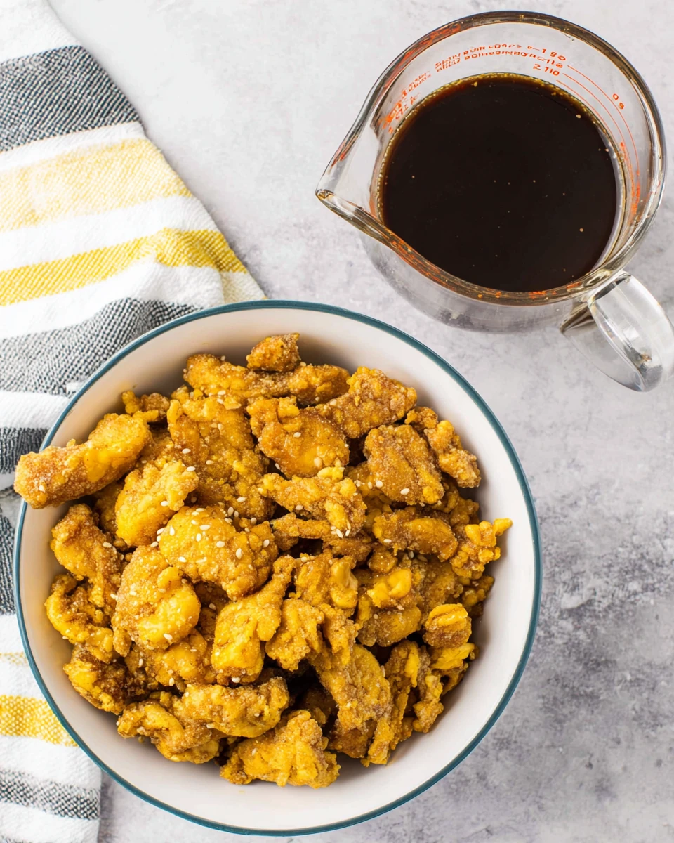 Delicious Honey Sesame Chicken Dish Crispy honey sesame chicken ready to serve.