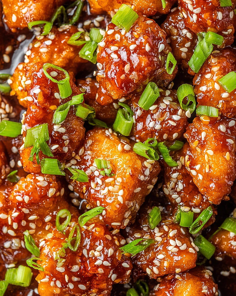 Crispy honey sesame chicken garnished with green onions.