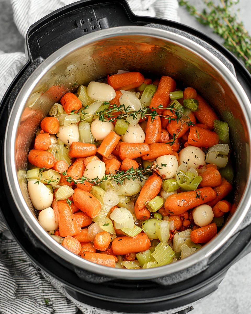 Sautéed Veggies for Instant Pot Lentil Soup Instant pot lentil soup preparation with sautéed veggies.