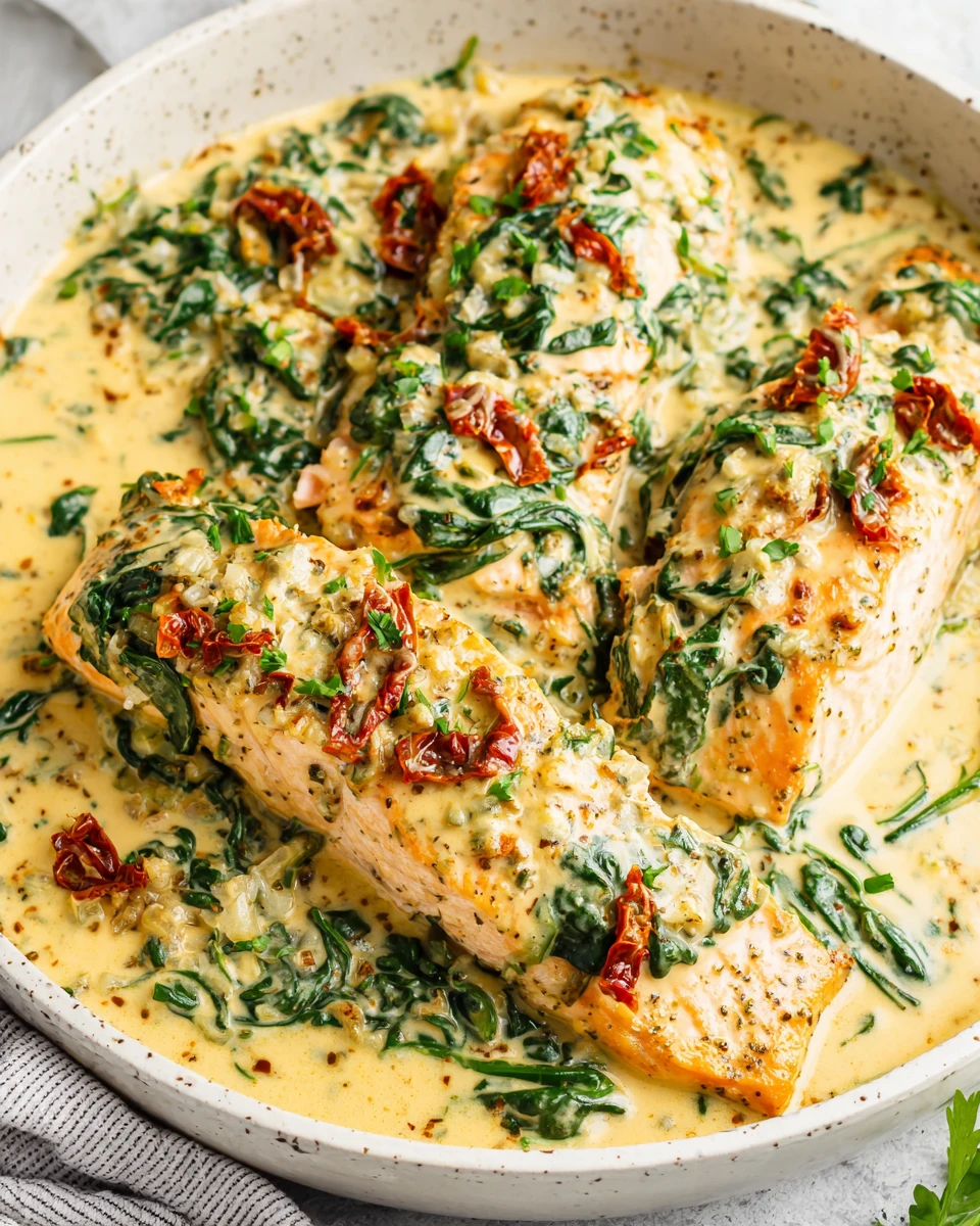 Keto Tuscan salmon in a creamy sauce with spinach