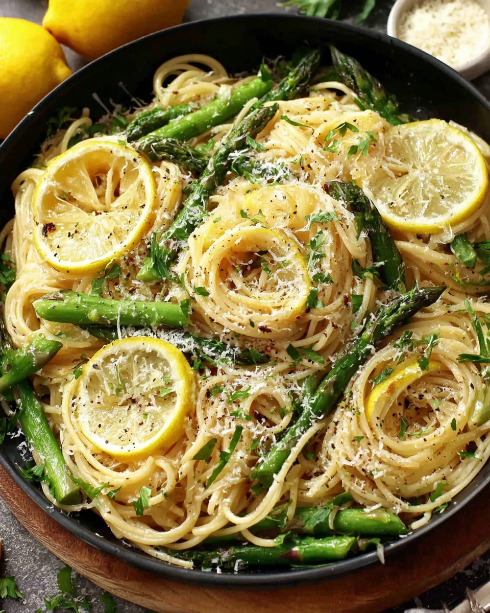 Lemon asparagus pasta dish with lemon slices and Parmesan.