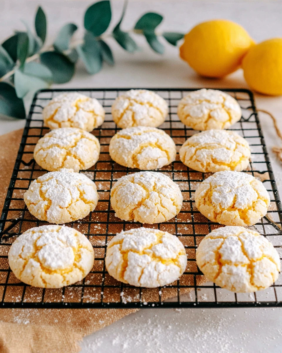 Lemon crinkle cookies on a cooling rack, perfect dessert.