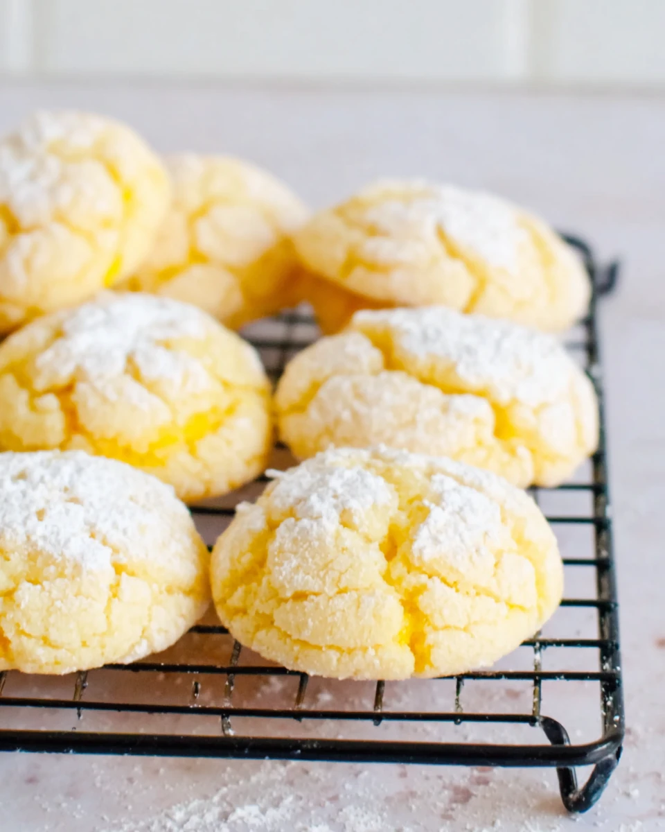 Lemon crinkle cookies, soft and chewy, coated in powdered sugar.