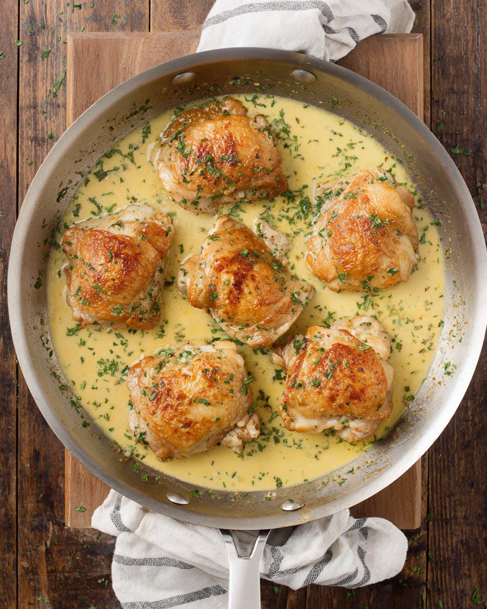 Lemon garlic chicken in creamy sauce cooking in a skillet.