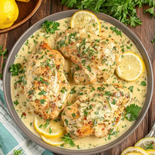 Delicious lemon garlic chicken served with creamy sauce.