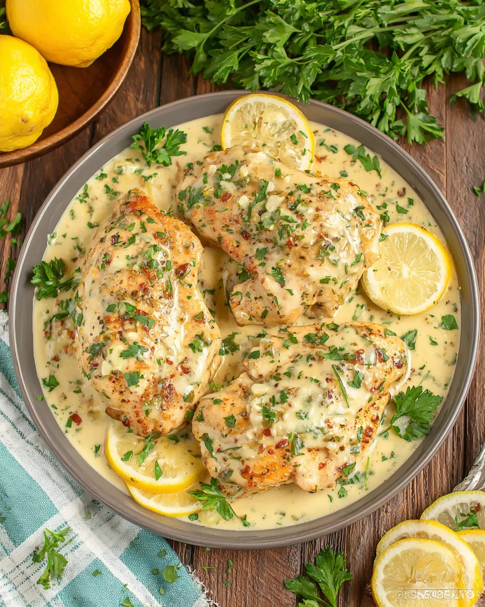 Delicious lemon garlic chicken served with creamy sauce.