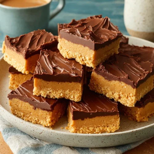 Delicious no bake peanut butter bars with chocolate topping.