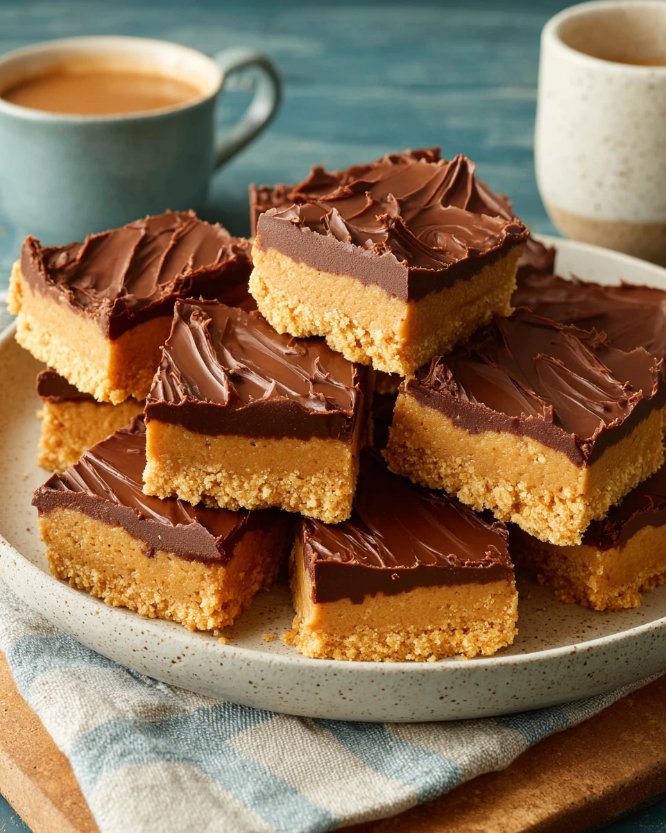 Delicious no bake peanut butter bars with chocolate topping.