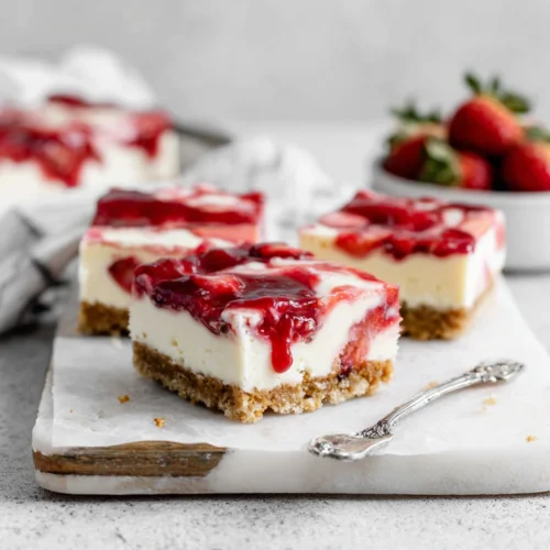 Delicious Strawberry Cheesecake: A No-Bake Delight 1 No-bake strawberry cheesecake with a fresh strawberry swirl.