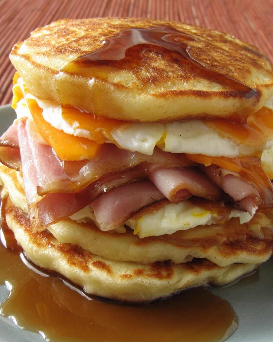 Delicious Pancake Sandwich Recipe Pancake sandwich with ham, cheese, and syrup.