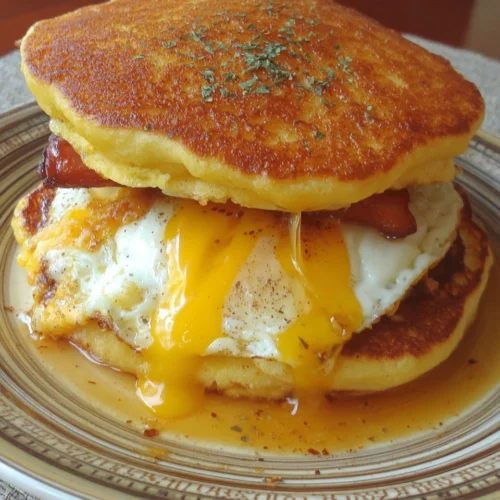 Pancake Sandwich: A Deliciously Easy Breakfast Treat 1 Pancake sandwich with cheese, egg, and ham.