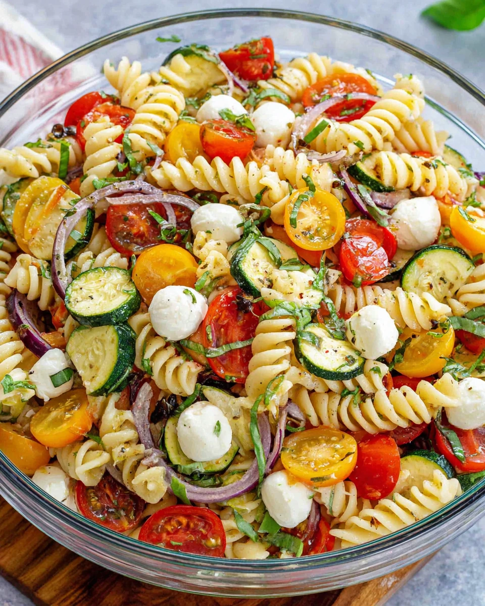 Delicious pasta salad with fresh vegetables and mozzarella.